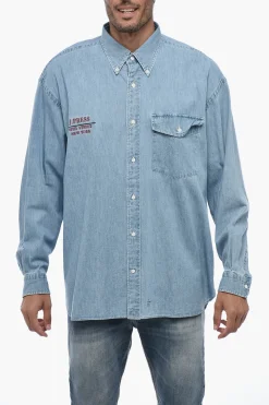 Fashion Camicia in Denim Leggero Button Down Uomo Camicie