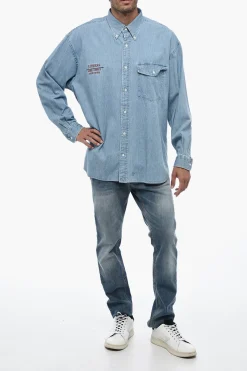 Fashion Camicia in Denim Leggero Button Down Uomo Camicie