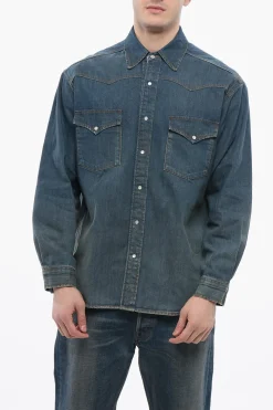 Clearance Camicia In Denim Mid Wash Con Tasche Frontali Uomo Camicie
