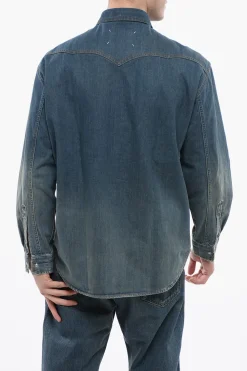 Clearance Camicia In Denim Mid Wash Con Tasche Frontali Uomo Camicie