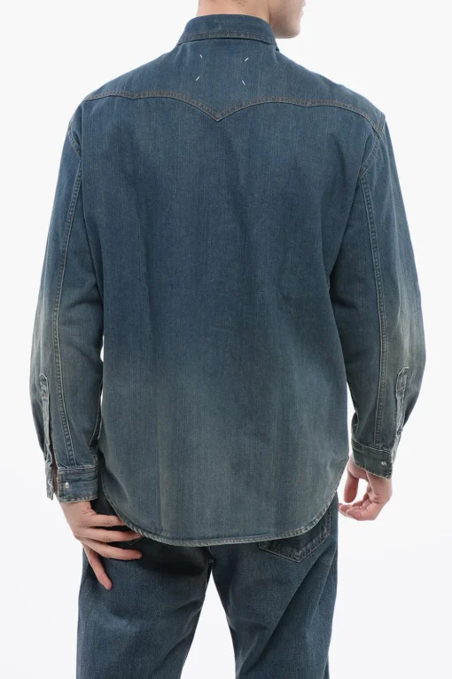 Clearance Camicia In Denim Mid Wash Con Tasche Frontali Uomo Camicie