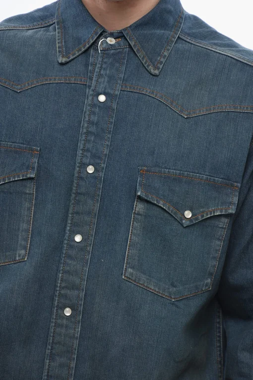 Clearance Camicia In Denim Mid Wash Con Tasche Frontali Uomo Camicie