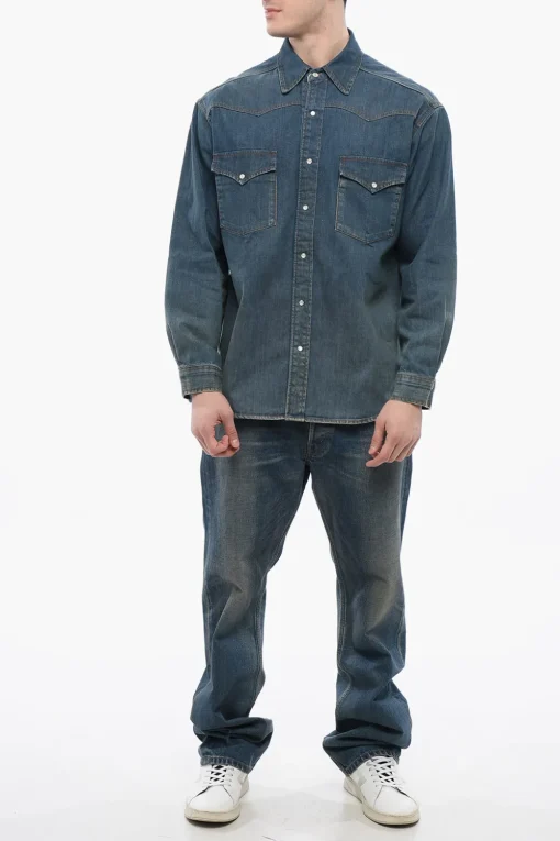 Clearance Camicia In Denim Mid Wash Con Tasche Frontali Uomo Camicie