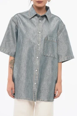Hot Camicia In Jeans Misto Lurex A Maniche Corte Donna Camicie