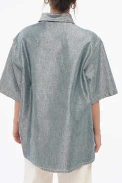 Hot Camicia In Jeans Misto Lurex A Maniche Corte Donna Camicie