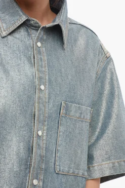 Hot Camicia In Jeans Misto Lurex A Maniche Corte Donna Camicie