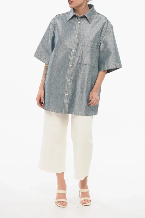 Hot Camicia In Jeans Misto Lurex A Maniche Corte Donna Camicie