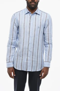 Camicia in Lino a Righe Awning con Logo Ricamato>Etro New
