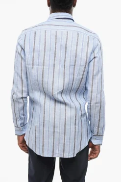 Camicia in Lino a Righe Awning con Logo Ricamato>Etro New