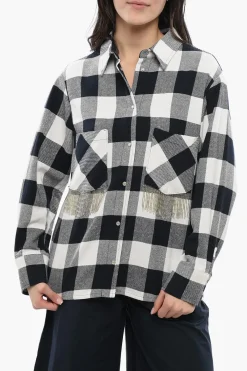 Discount Camicia in Misto Cotone Plaid Check con Dettagli Frangiati Donna Camicie