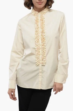 Sale Camicia in Nylon con Dettagli Ruffle e Collo Coreano Donna Camicie