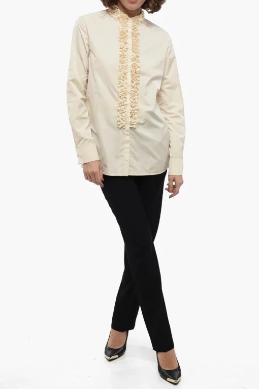 Sale Camicia in Nylon con Dettagli Ruffle e Collo Coreano Donna Camicie