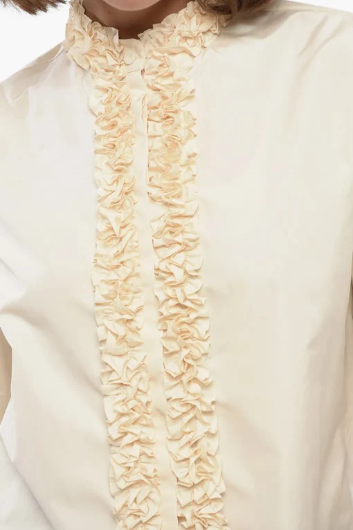 Sale Camicia in Nylon con Dettagli Ruffle e Collo Coreano Donna Camicie
