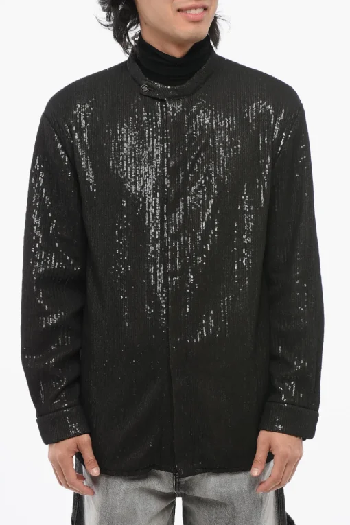 Fashion Camicia in Paillettes con Collo Coreano Uomo Camicie
