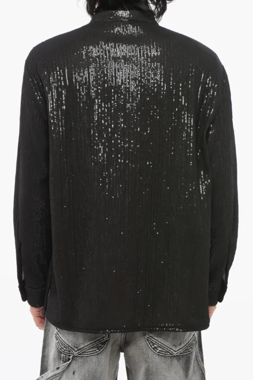 Fashion Camicia in Paillettes con Collo Coreano Uomo Camicie