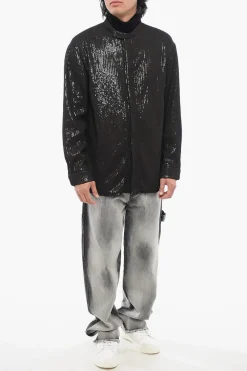 Fashion Camicia in Paillettes con Collo Coreano Uomo Camicie