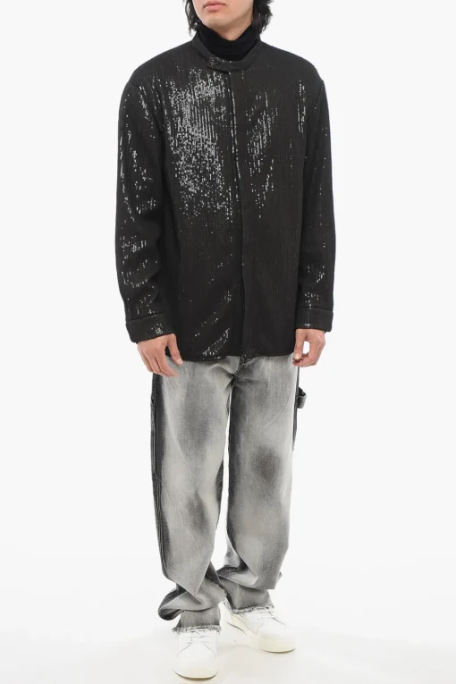 Fashion Camicia in Paillettes con Collo Coreano Uomo Camicie