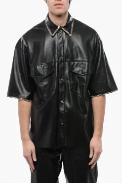 Fashion Camicia in Pelle Vegan a Maniche Corte con Cuciture in Rafia Uomo Camicie
