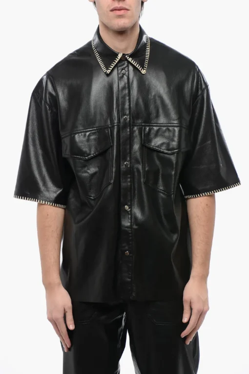 Fashion Camicia in Pelle Vegan a Maniche Corte con Cuciture in Rafia Uomo Camicie