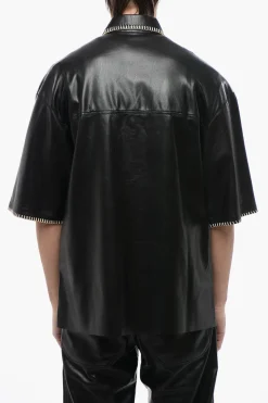Fashion Camicia in Pelle Vegan a Maniche Corte con Cuciture in Rafia Uomo Camicie