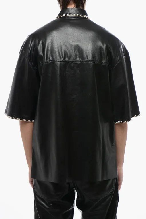 Fashion Camicia in Pelle Vegan a Maniche Corte con Cuciture in Rafia Uomo Camicie