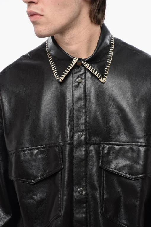 Fashion Camicia in Pelle Vegan a Maniche Corte con Cuciture in Rafia Uomo Camicie