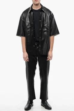 Fashion Camicia in Pelle Vegan a Maniche Corte con Cuciture in Rafia Uomo Camicie