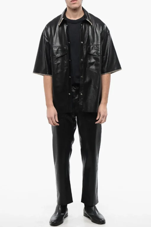 Fashion Camicia in Pelle Vegan a Maniche Corte con Cuciture in Rafia Uomo Camicie