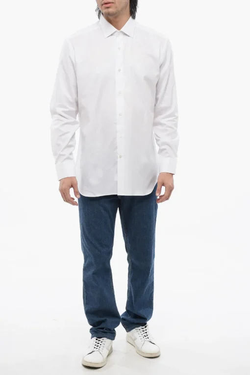 Clearance Camicia in Popeline di Cotone con Collo Francese Uomo Camicie
