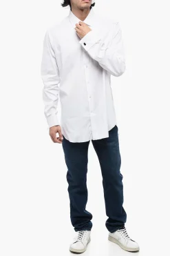 Fashion Camicia in Popeline di Cotone con Collo Francese Uomo Camicie