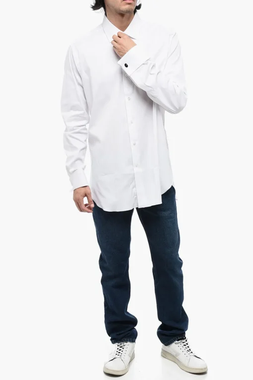 Fashion Camicia in Popeline di Cotone con Collo Francese Uomo Camicie