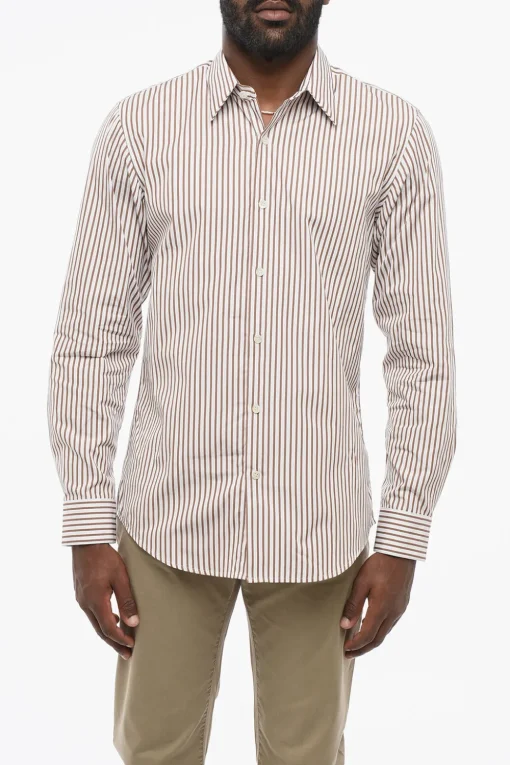 Clearance Camicia in Popeline di Cotone Motivo Awning Uomo Camicie