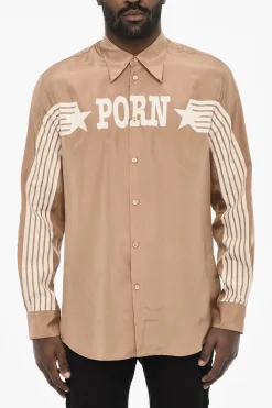 New Camicia in Satin Con Stampa a Contrasto Uomo Camicie