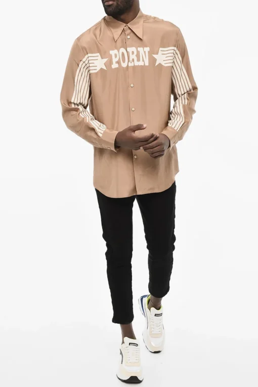 New Camicia in Satin Con Stampa a Contrasto Uomo Camicie