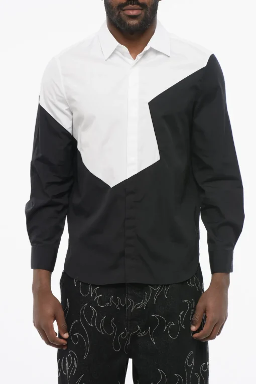 Fashion Camicia Loose Fit Bicolore con Collo Francese Uomo Camicie