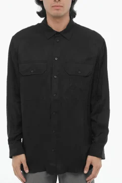 Outlet Camicia Loose Fit in Tinta Unita con Doppio Taschino Uomo Camicie