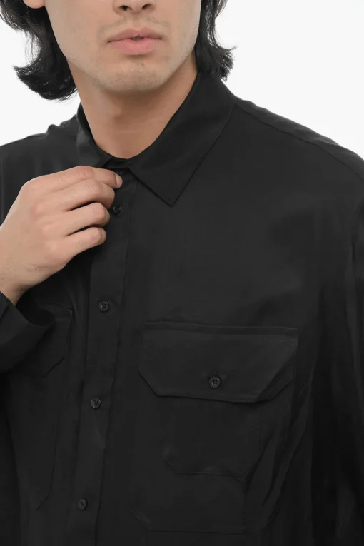 Outlet Camicia Loose Fit in Tinta Unita con Doppio Taschino Uomo Camicie