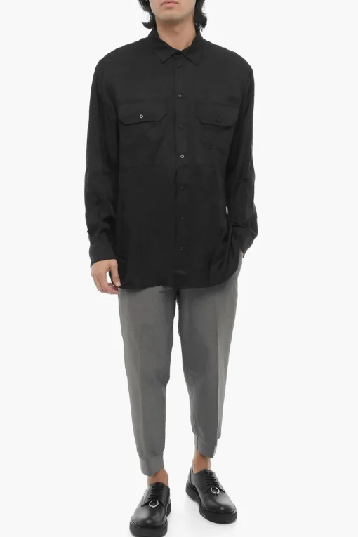Outlet Camicia Loose Fit in Tinta Unita con Doppio Taschino Uomo Camicie