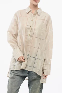 New Camicia Oversize in Lino con Fantasia a Quadri Donna Camicie