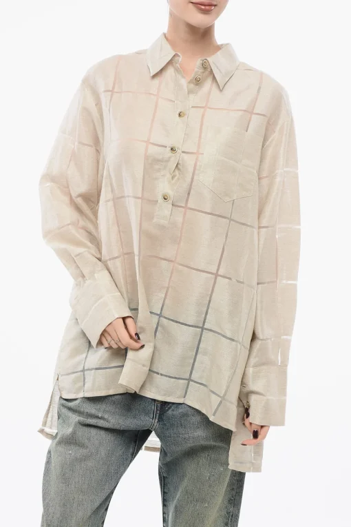 New Camicia Oversize in Lino con Fantasia a Quadri Donna Camicie