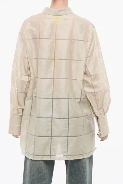 New Camicia Oversize in Lino con Fantasia a Quadri Donna Camicie