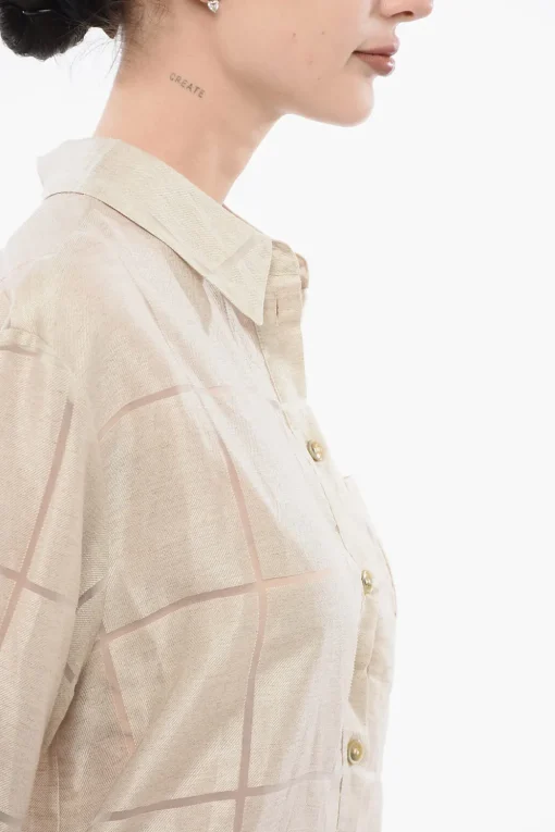New Camicia Oversize in Lino con Fantasia a Quadri Donna Camicie