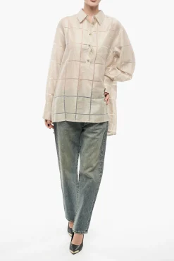 New Camicia Oversize in Lino con Fantasia a Quadri Donna Camicie