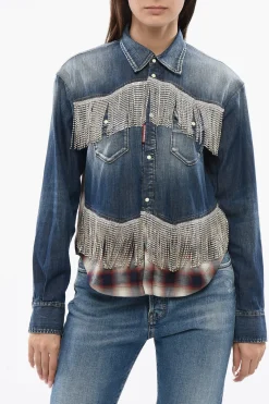 Camicia Sahariana in Denim con Frange in Cristalli>Dsquared2 Hot
