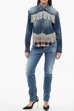 Camicia Sahariana in Denim con Frange in Cristalli></noscript>Dsquared2 Hot