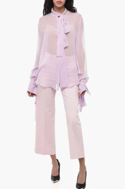Camicia Tie Neck in Chiffon di Seta con Polsini Annodati></noscript>LaQuan Smith Online