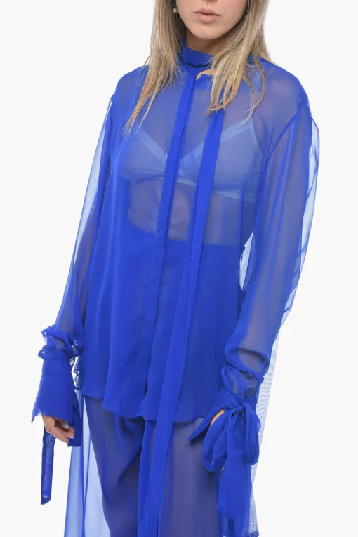 Best Camicia Tie Neck in Chiffon di Seta con Polsini Annodati Donna Camicie