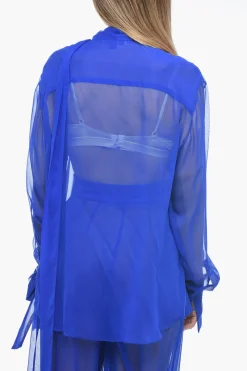 Best Camicia Tie Neck in Chiffon di Seta con Polsini Annodati Donna Camicie