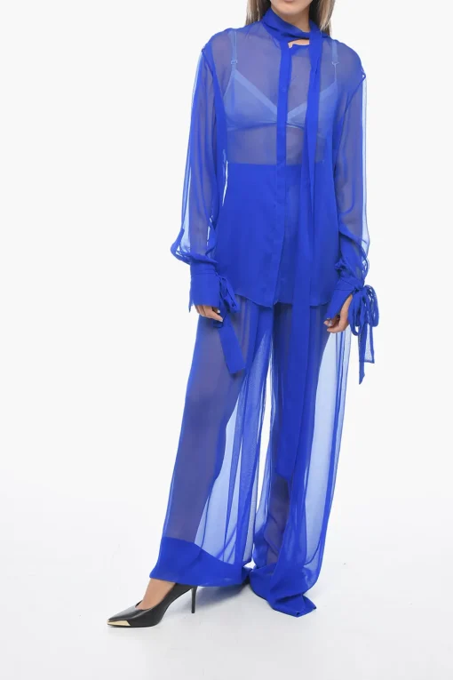 Best Camicia Tie Neck in Chiffon di Seta con Polsini Annodati Donna Camicie