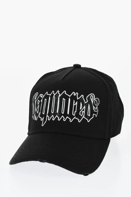 Cappello Da Baseball Effetto Vintage con Strass e Logo in Stampa Gotica>Dsquared2 Best